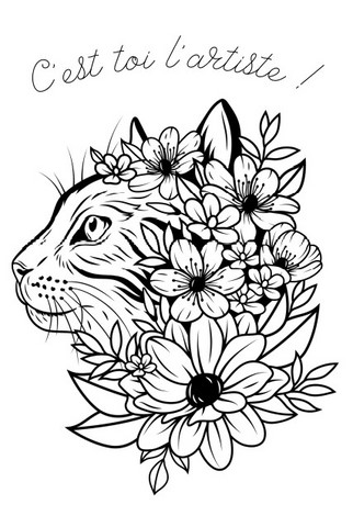 coloriage chat et fleurs